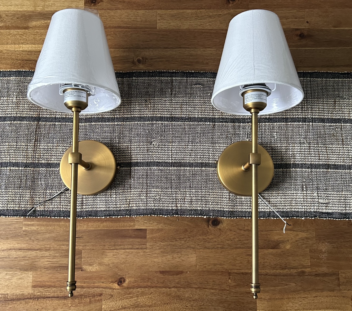 Pair of Brass Wall Sconces with White Shades