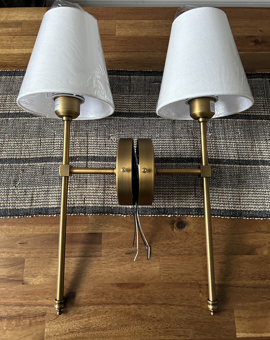 Pair of Brass Wall Sconces with White Shades - photo 5