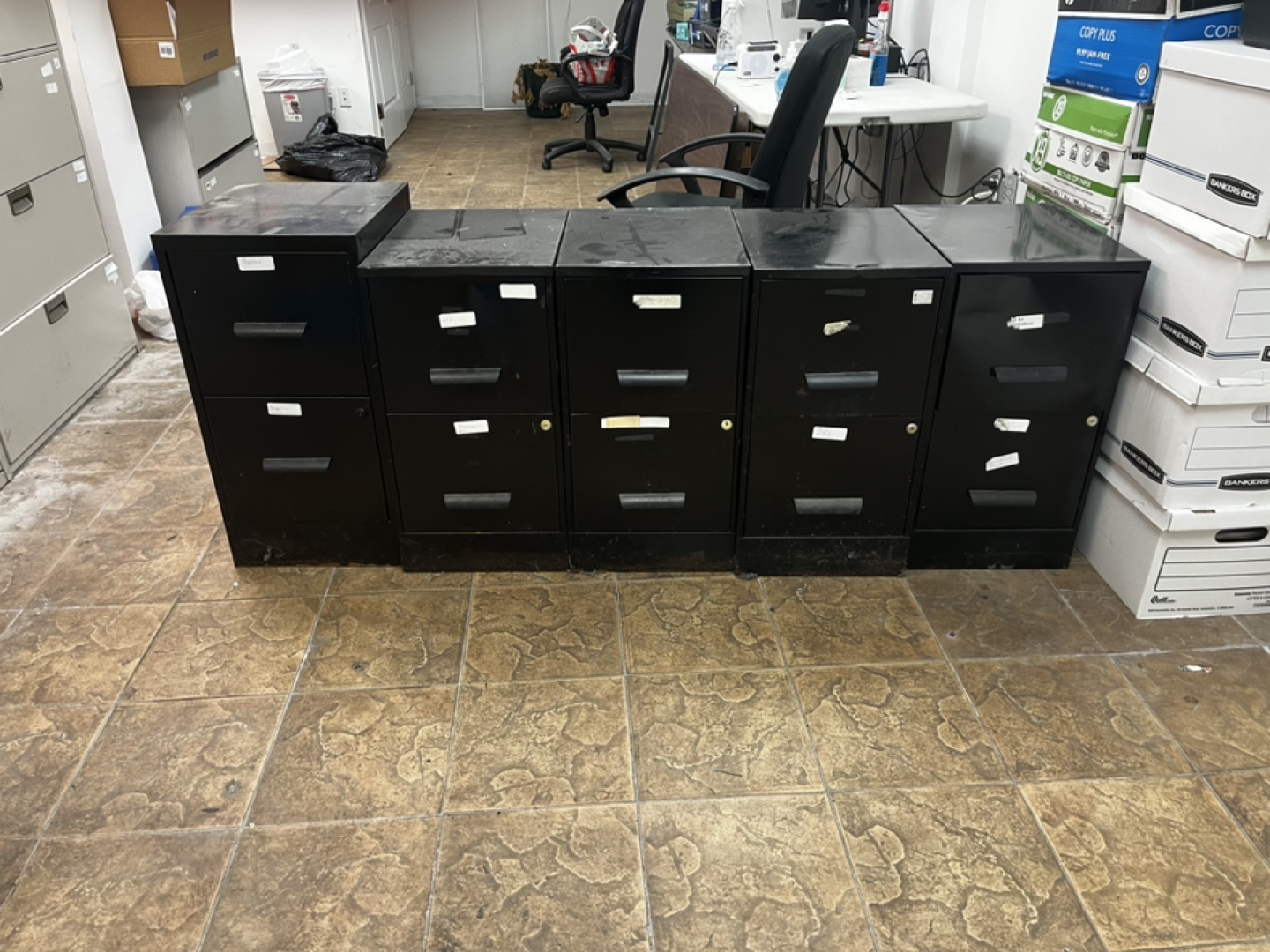 Five Black Metal Two-Drawer Filing Cabinets