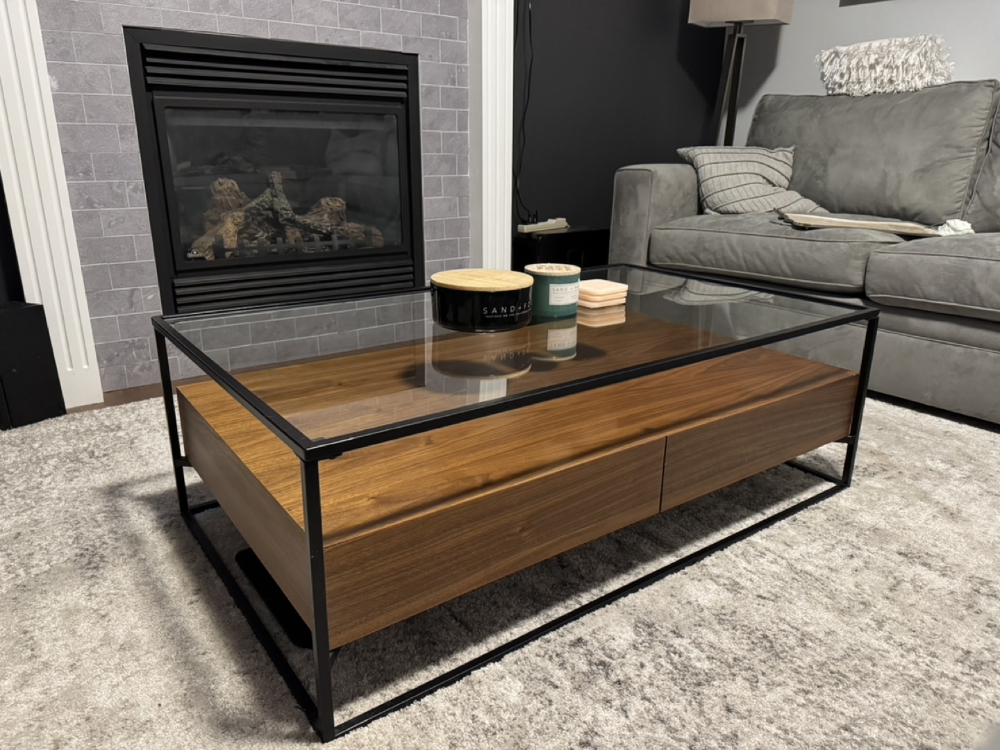 Modern Coffee Table with Glass Top and Drawers
