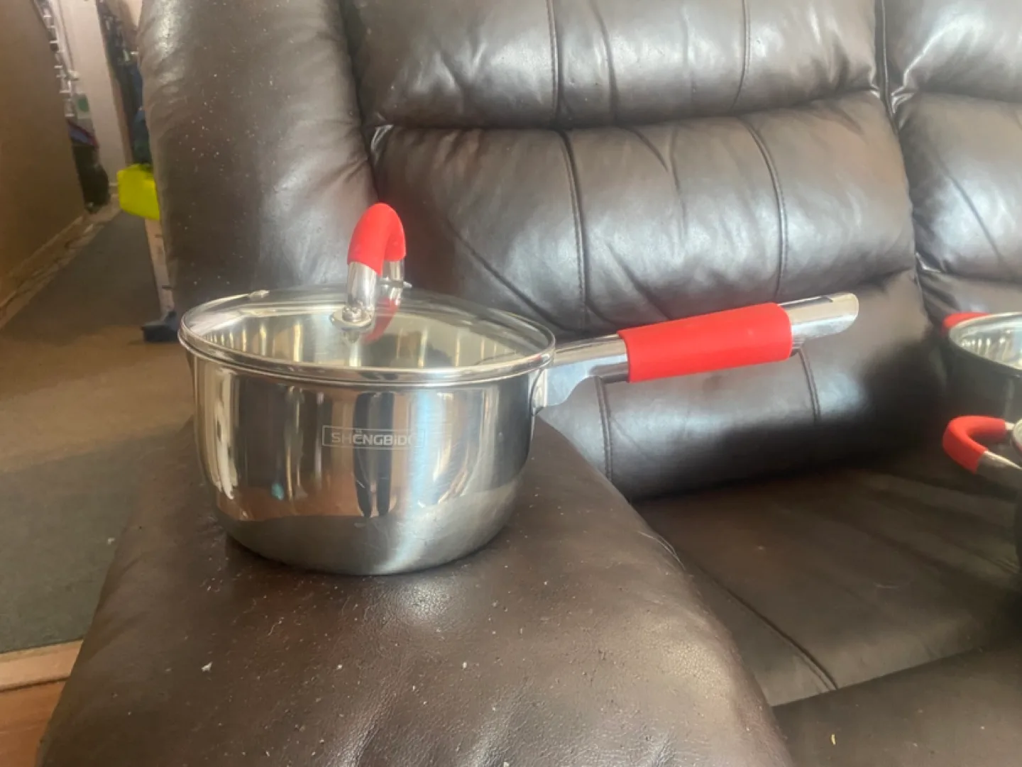 Shengbide Stainless Steel Pot with Red Handles and Glass Lid thumbnail