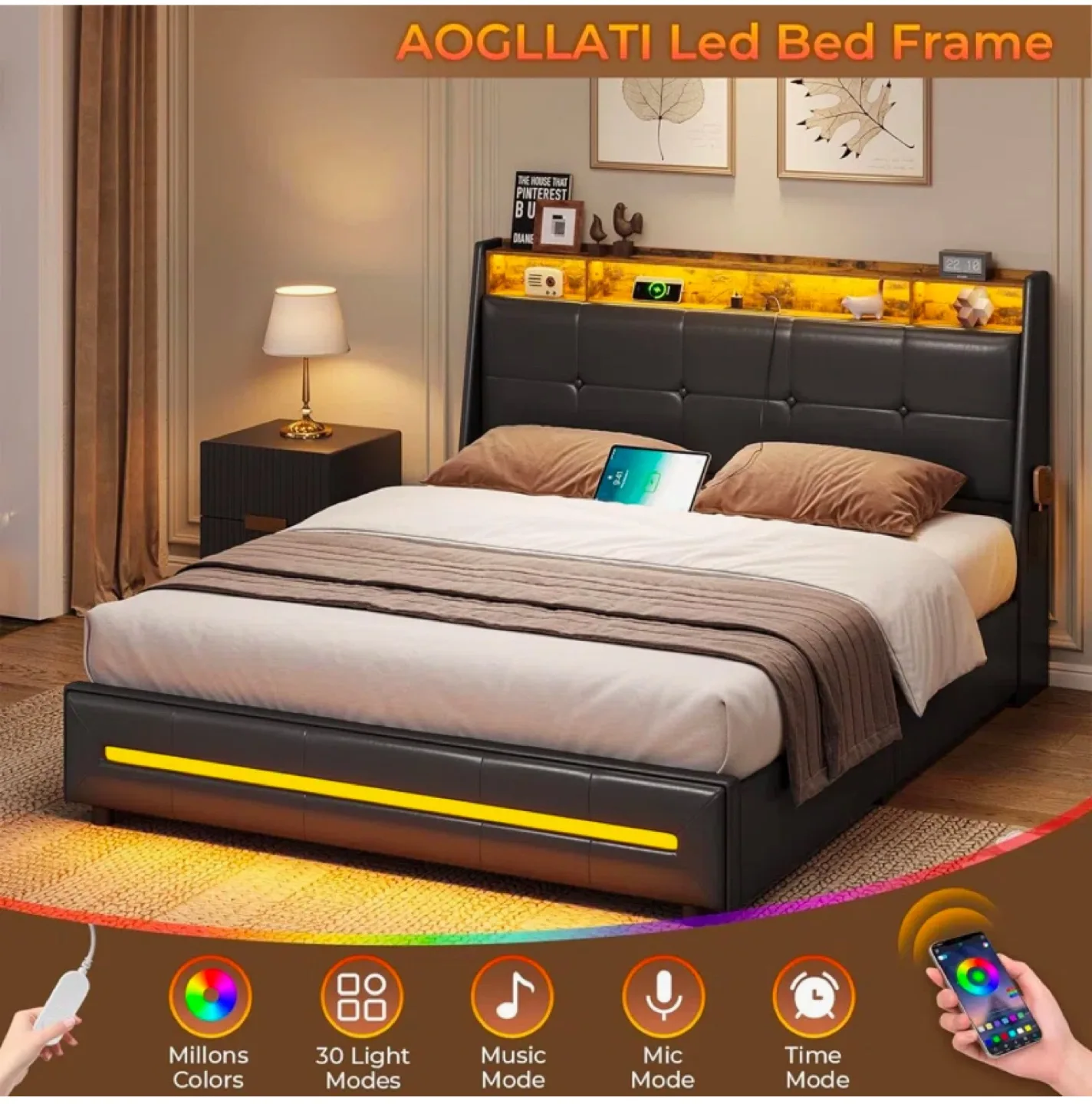 |Unopened box| Queen Size LED Bed Frame with Underbed Storage image indicator(3)