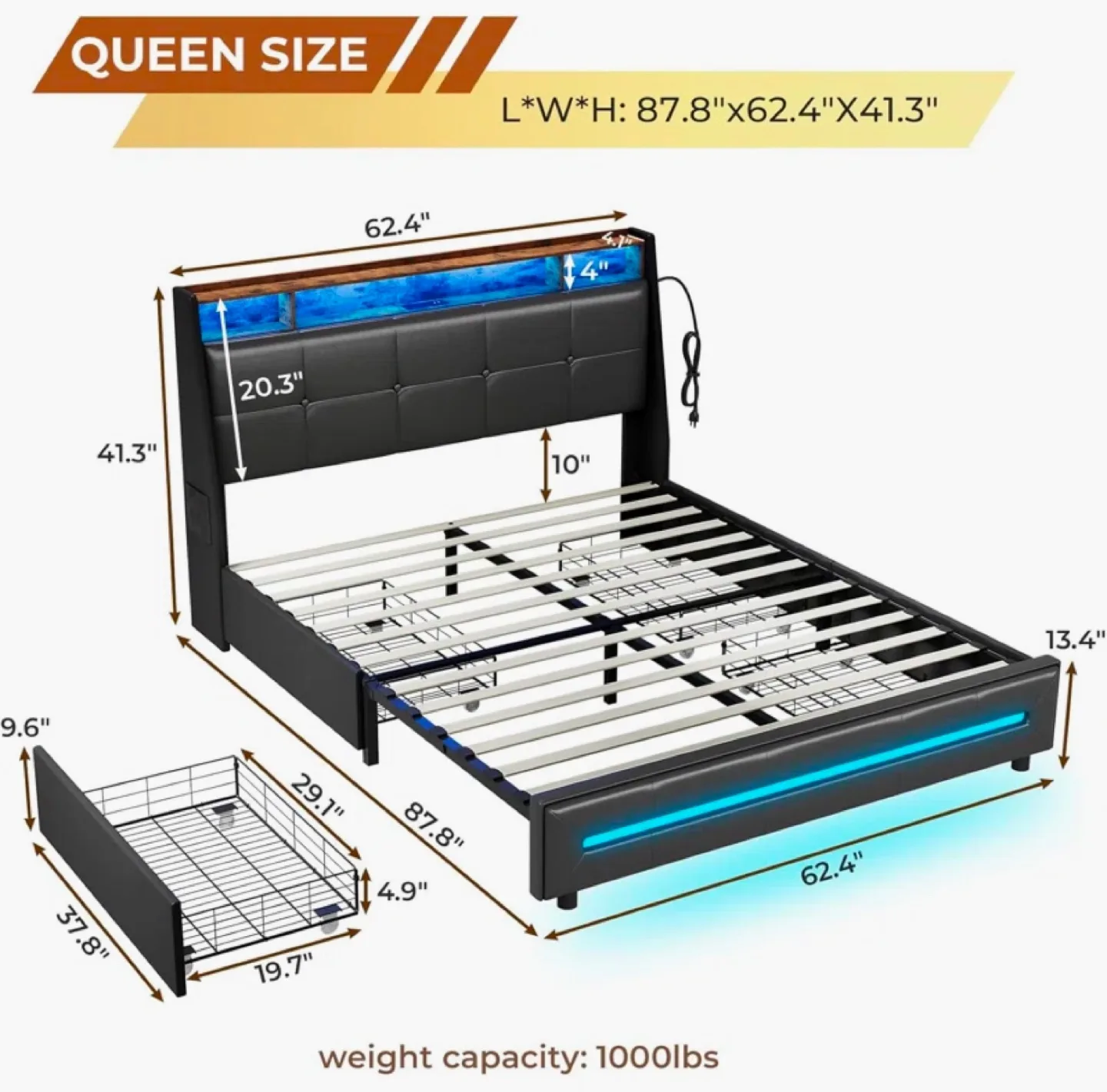|Unopened box| Queen Size LED Bed Frame with Underbed Storage image indicator(5)