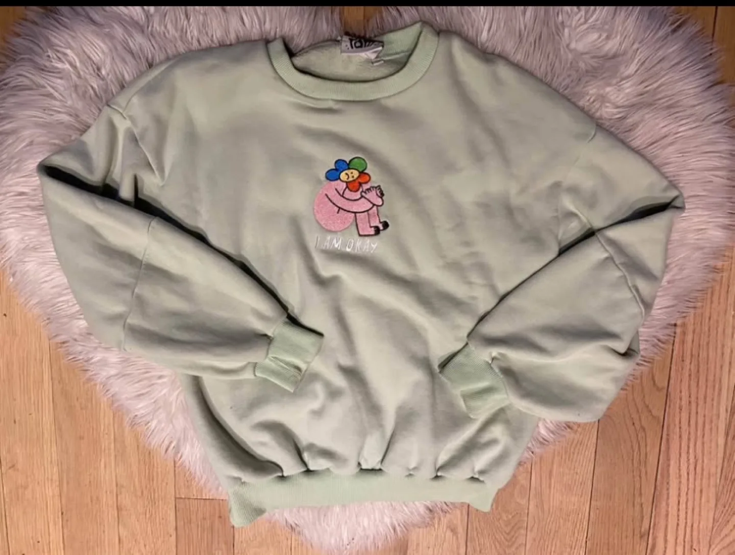 Kina & Tam Mint Green Crewneck “I am Okay” Flower Sweatshirt image indicator(3)