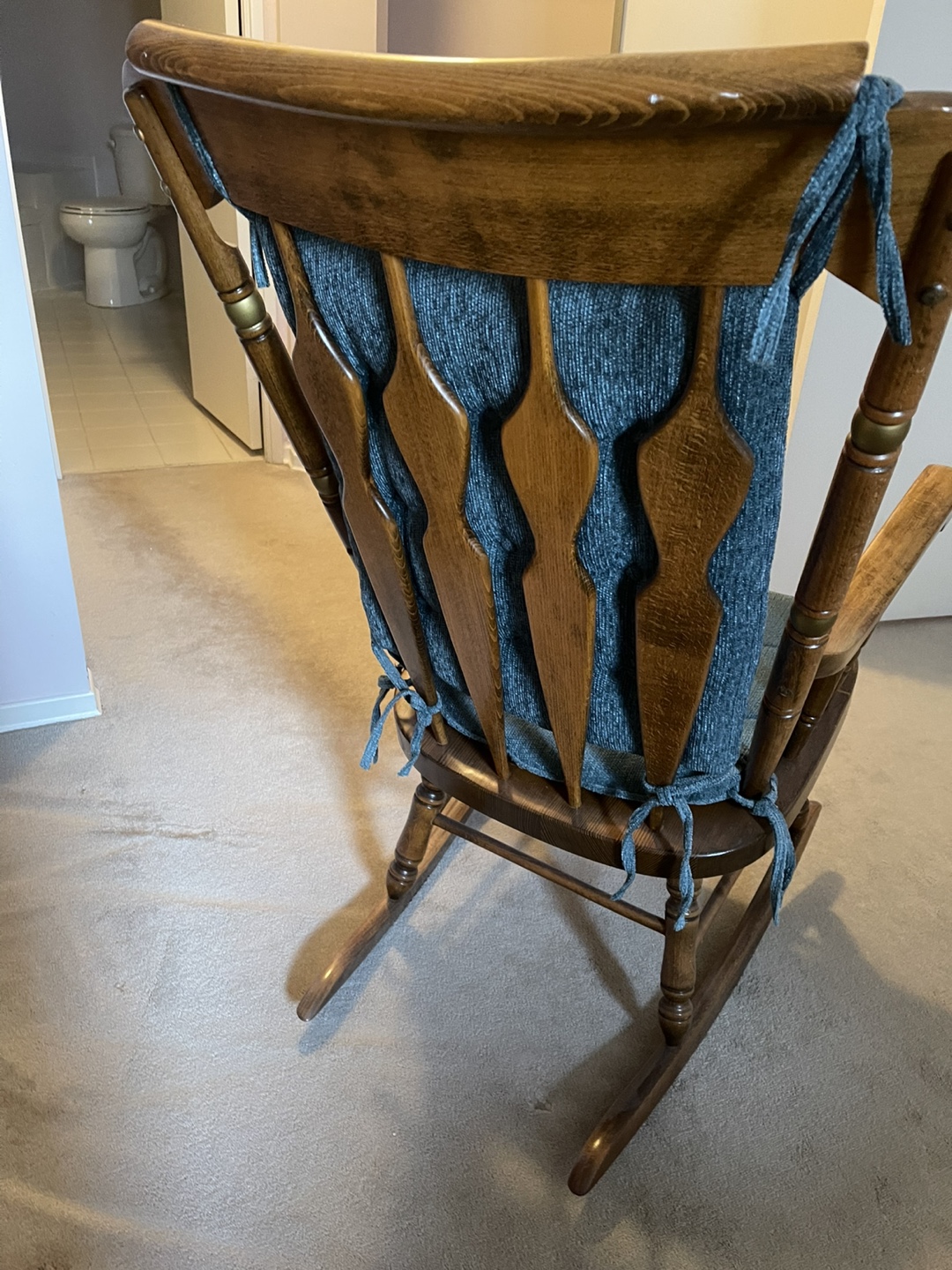 Vintage Wooden Rocking Chair with Teal Cushions - photo 3