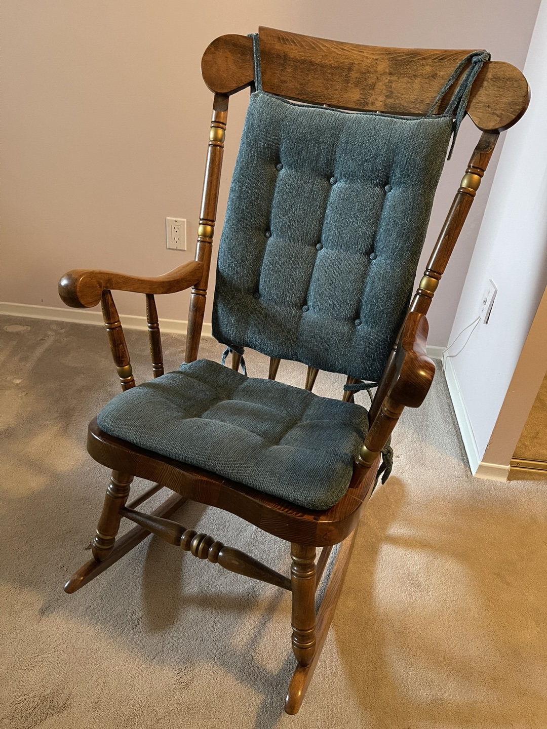 Vintage Wooden Rocking Chair with Teal Cushions - photo 5
