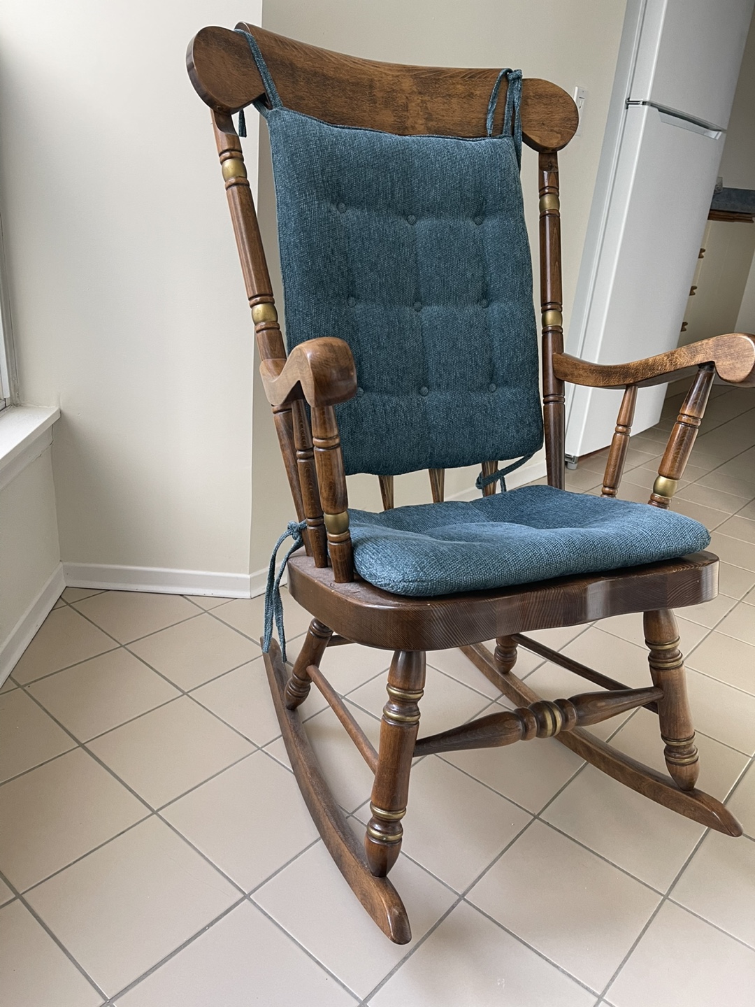 Vintage Wooden Rocking Chair with Teal Cushions - photo 2