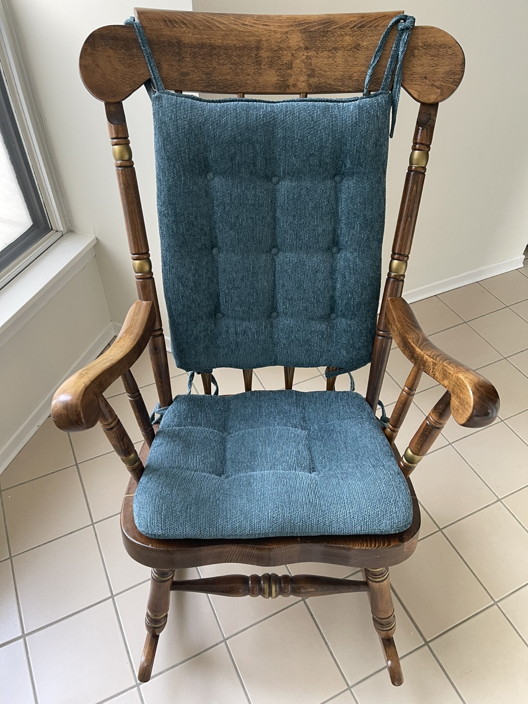 Vintage Wooden Rocking Chair with Teal Cushions