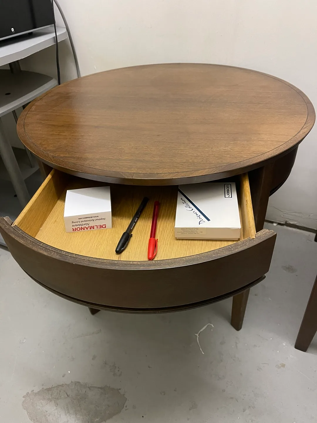 Antique Round Wooden End Table with Drawer image indicator(4)