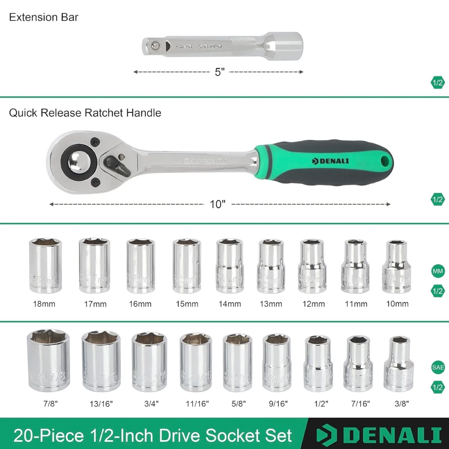 *Brand New*Denali 1/2-Inch, Drive Socket Set with Holder, 20pc image indicator(8)