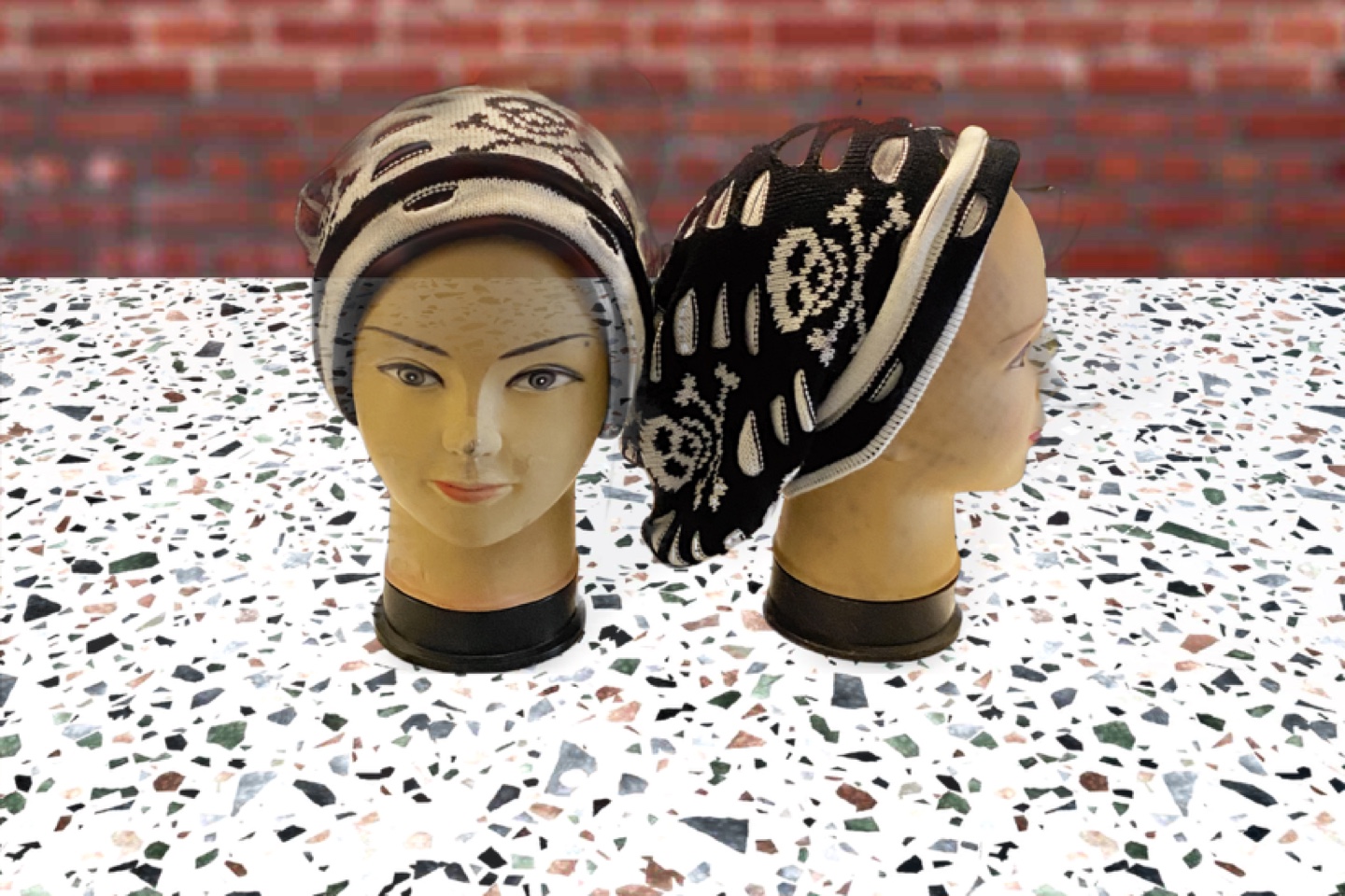 Two Knit Winter Hats - Black and White Pattern