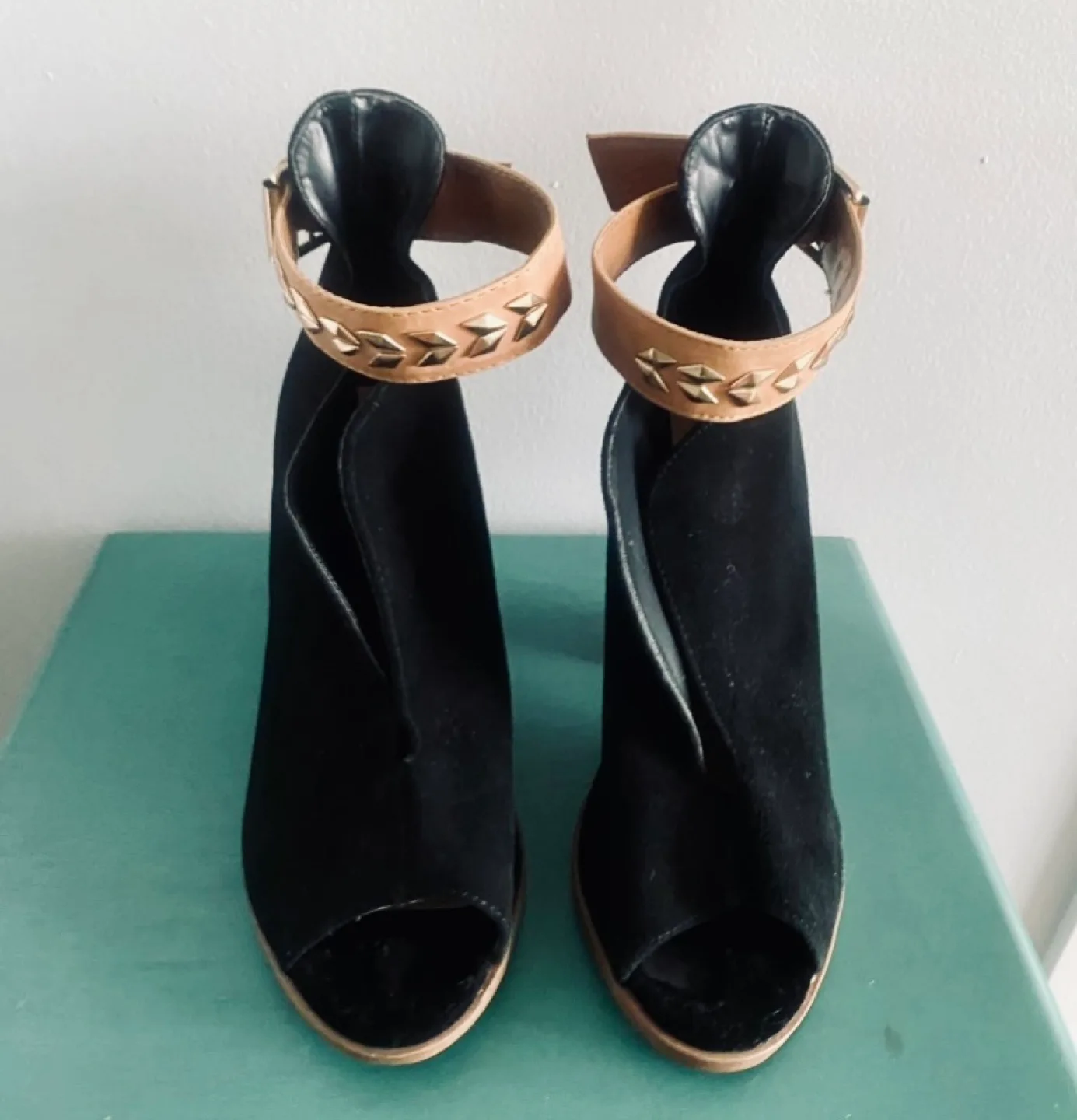 Black Suede Open Toe Ankle Boots with Gold Accents image indicator(2)