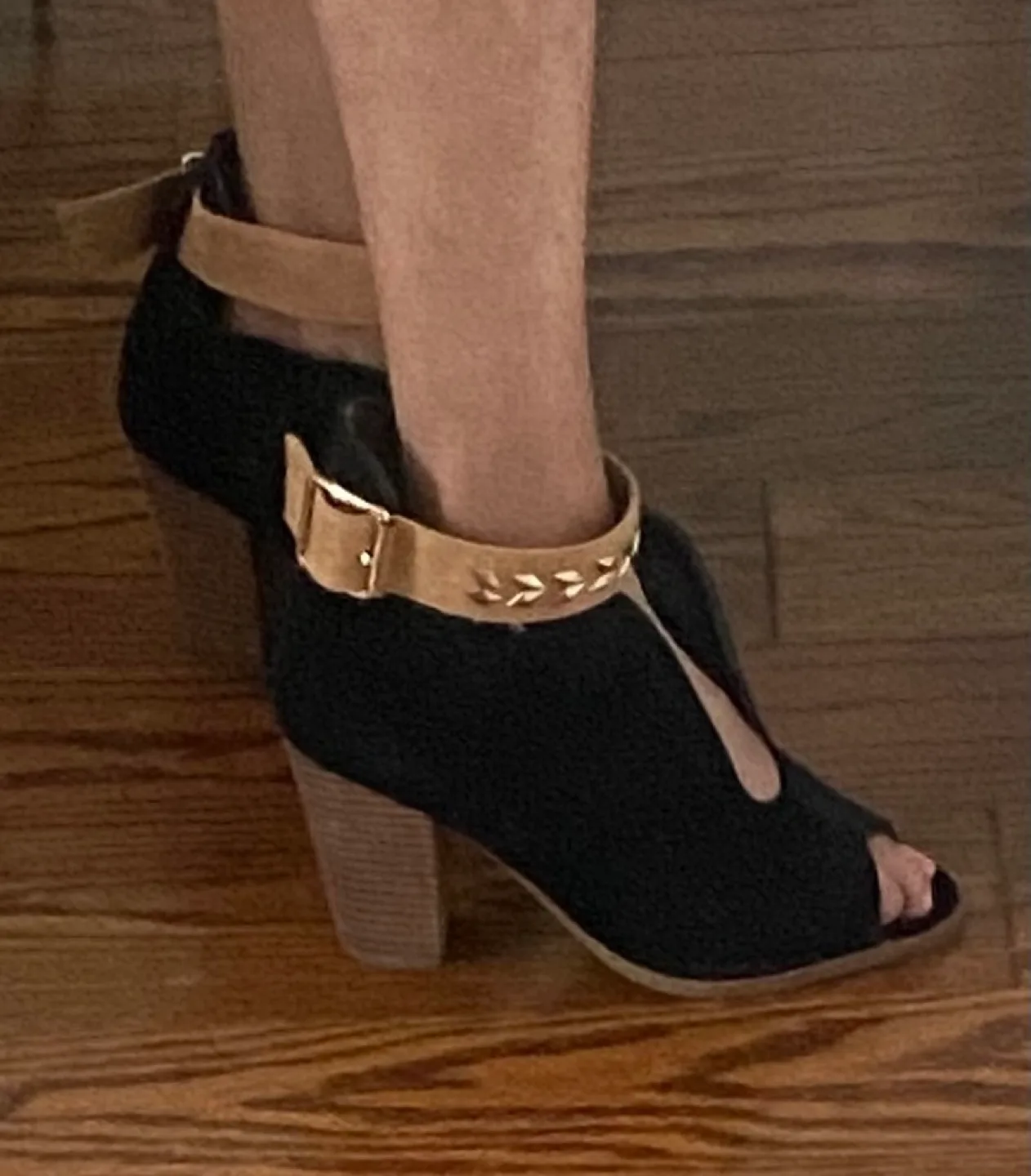 Black Suede Open Toe Ankle Boots with Gold Accents image indicator(5)