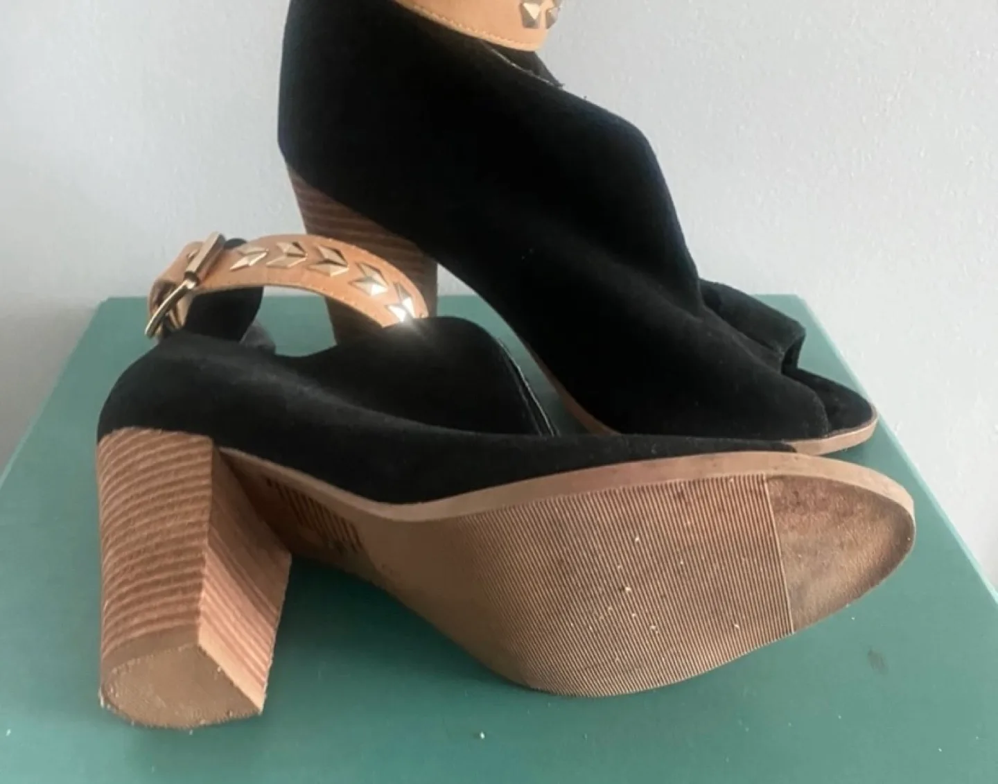 Black Suede Open Toe Ankle Boots with Gold Accents image indicator(3)