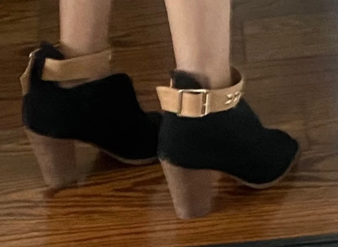 Black Suede Open Toe Ankle Boots with Gold Accents image indicator(6)