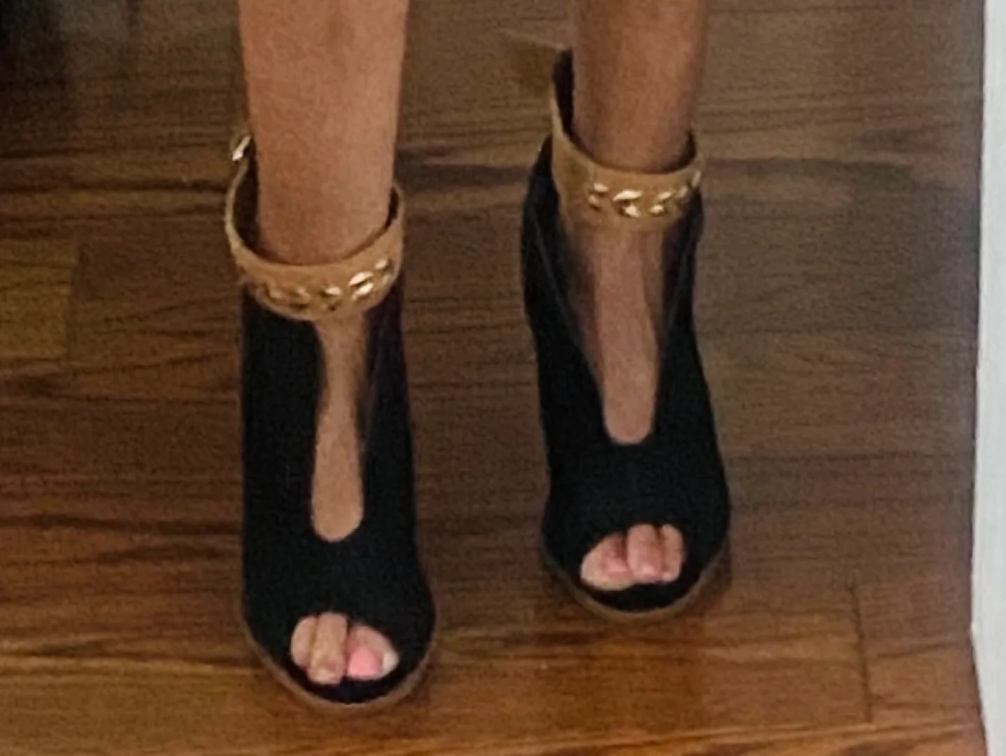 Black Suede Open Toe Ankle Boots with Gold Accents image indicator(4)