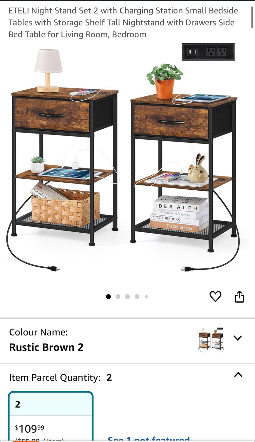 BNIB-ETELI Nightstand Set of 2 with Charging Station