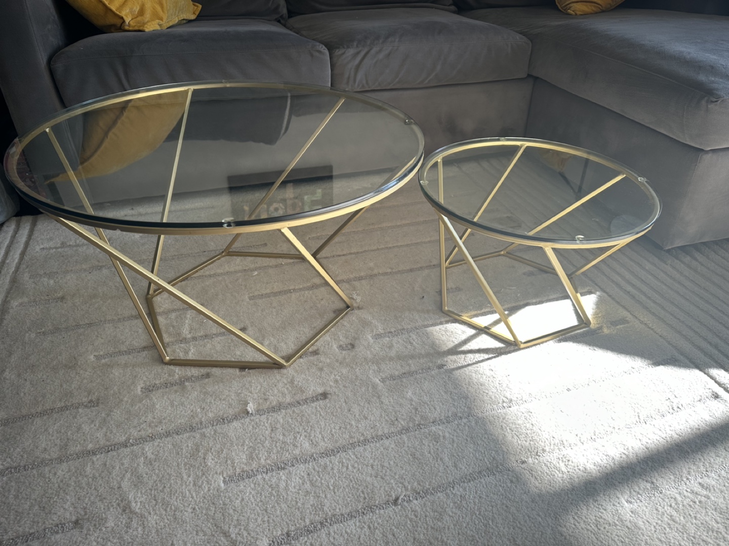 Gold Metal and Glass Coffee Table Set