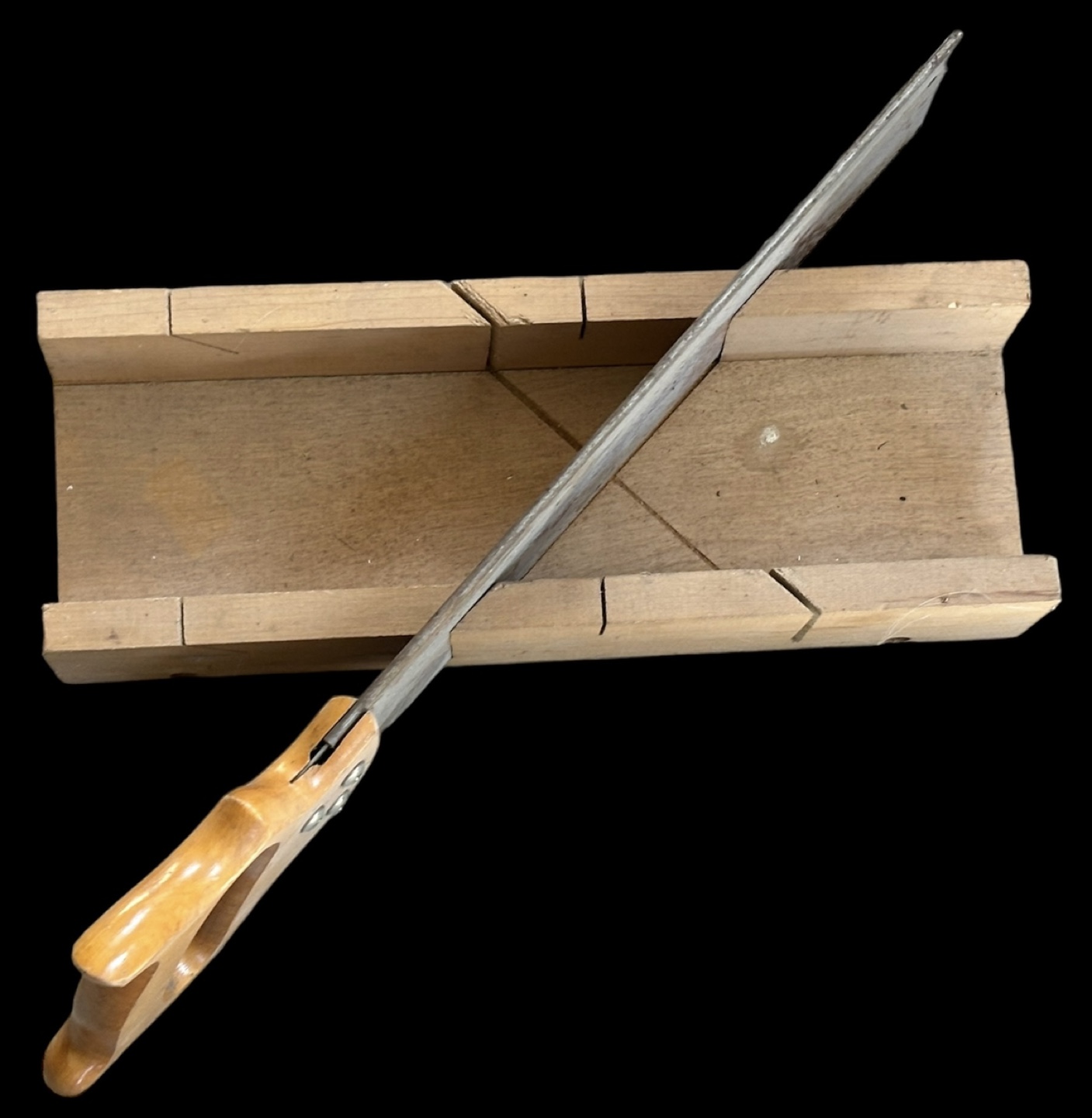 Vintage Wooden Mitre Box with Hand Saw