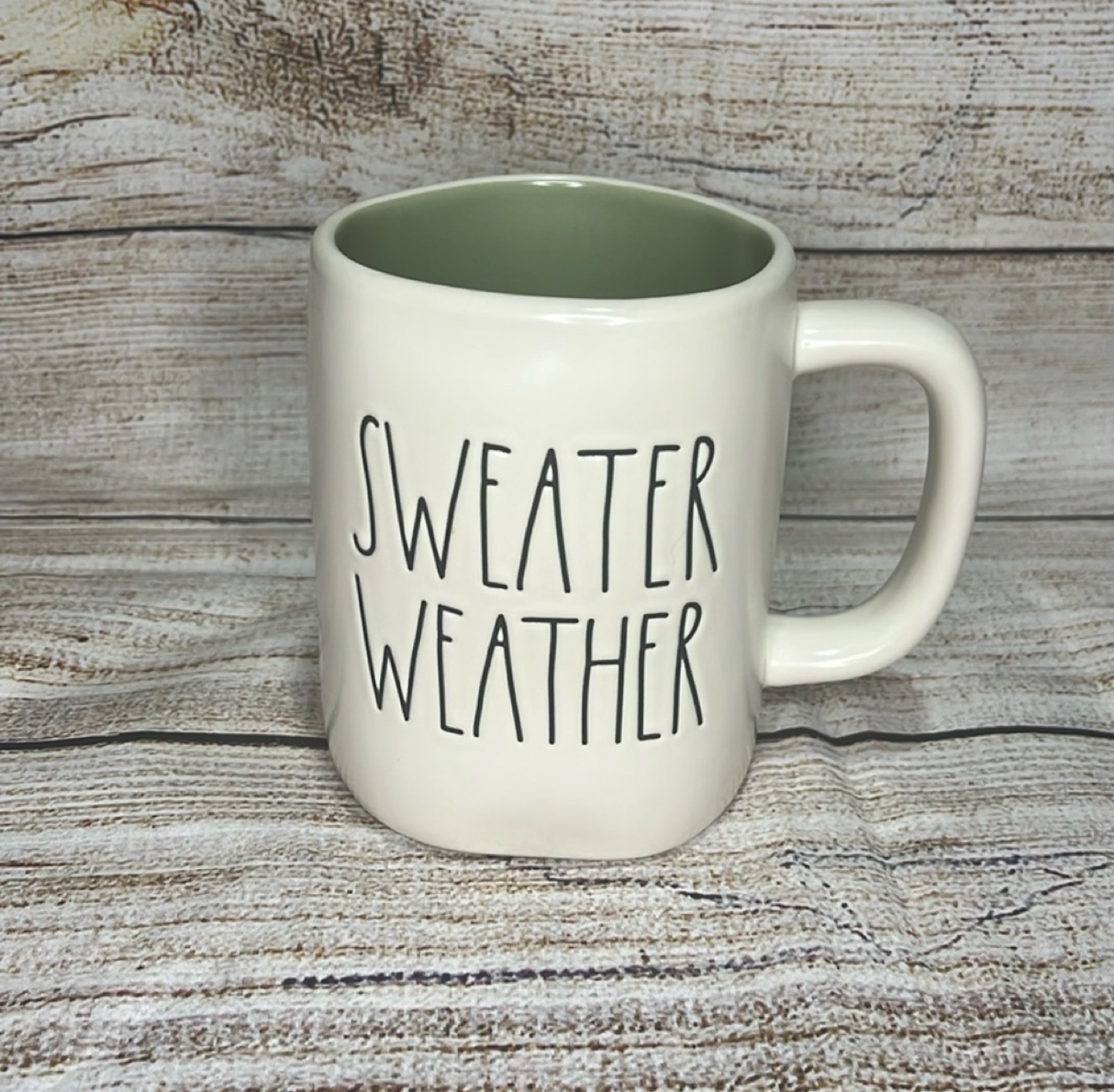RARE!! NEW Rae Dunn “SWEATER WEATHER” Mug with Green inside