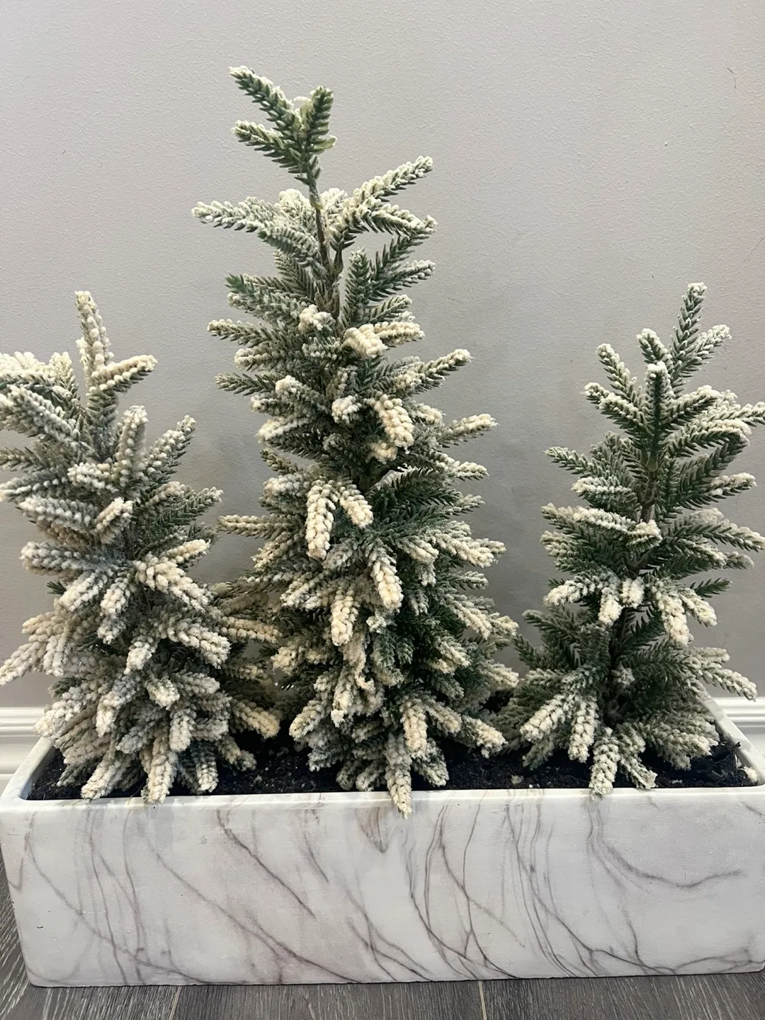 3 flocked mini artificial Xmas trees in marble style planter image indicator(2)