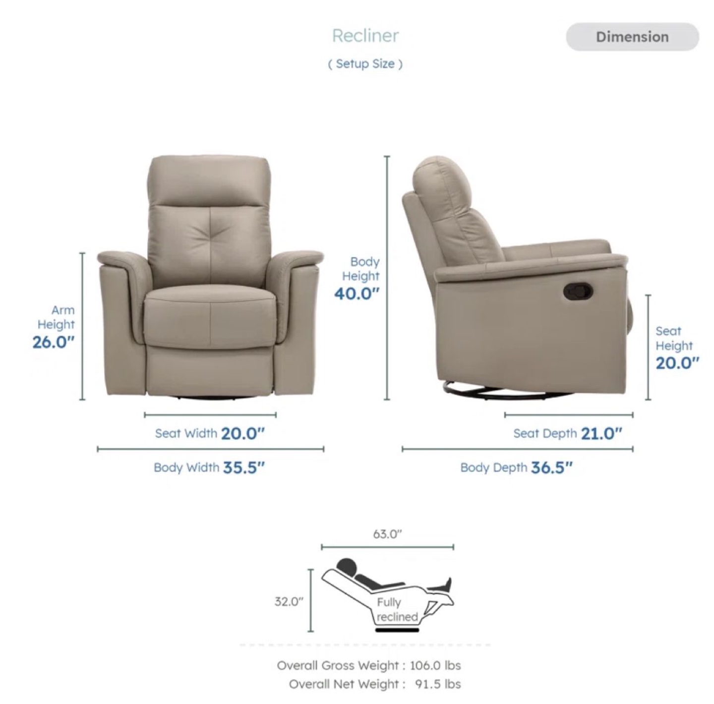 Borkovany 35.5"W Pillow-Top Arm Genuine Leather Recliner - photo 5