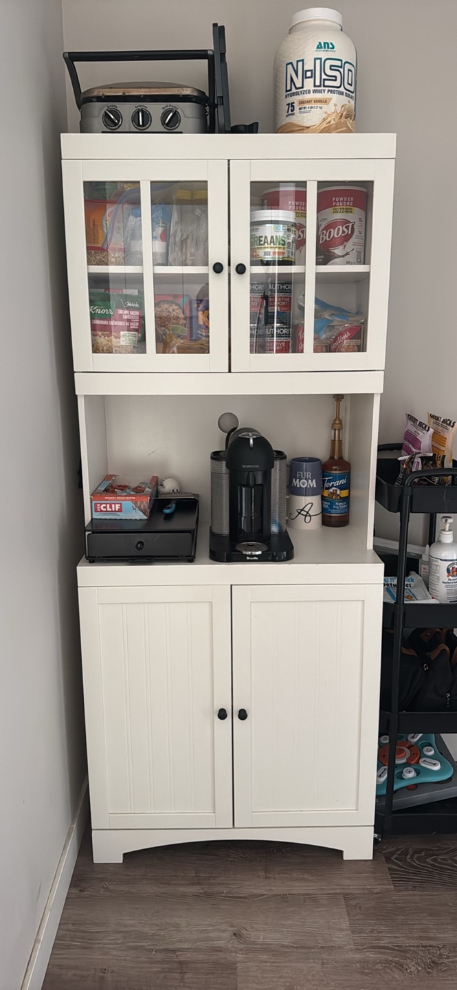 White Kitchen Pantry Cabinet with Glass Doors