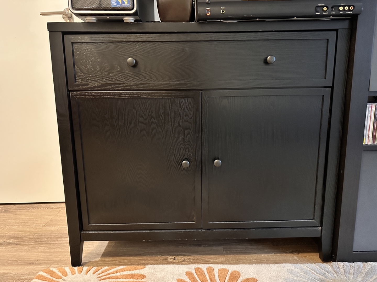 Black Wooden Cabinet with Drawer and Doors