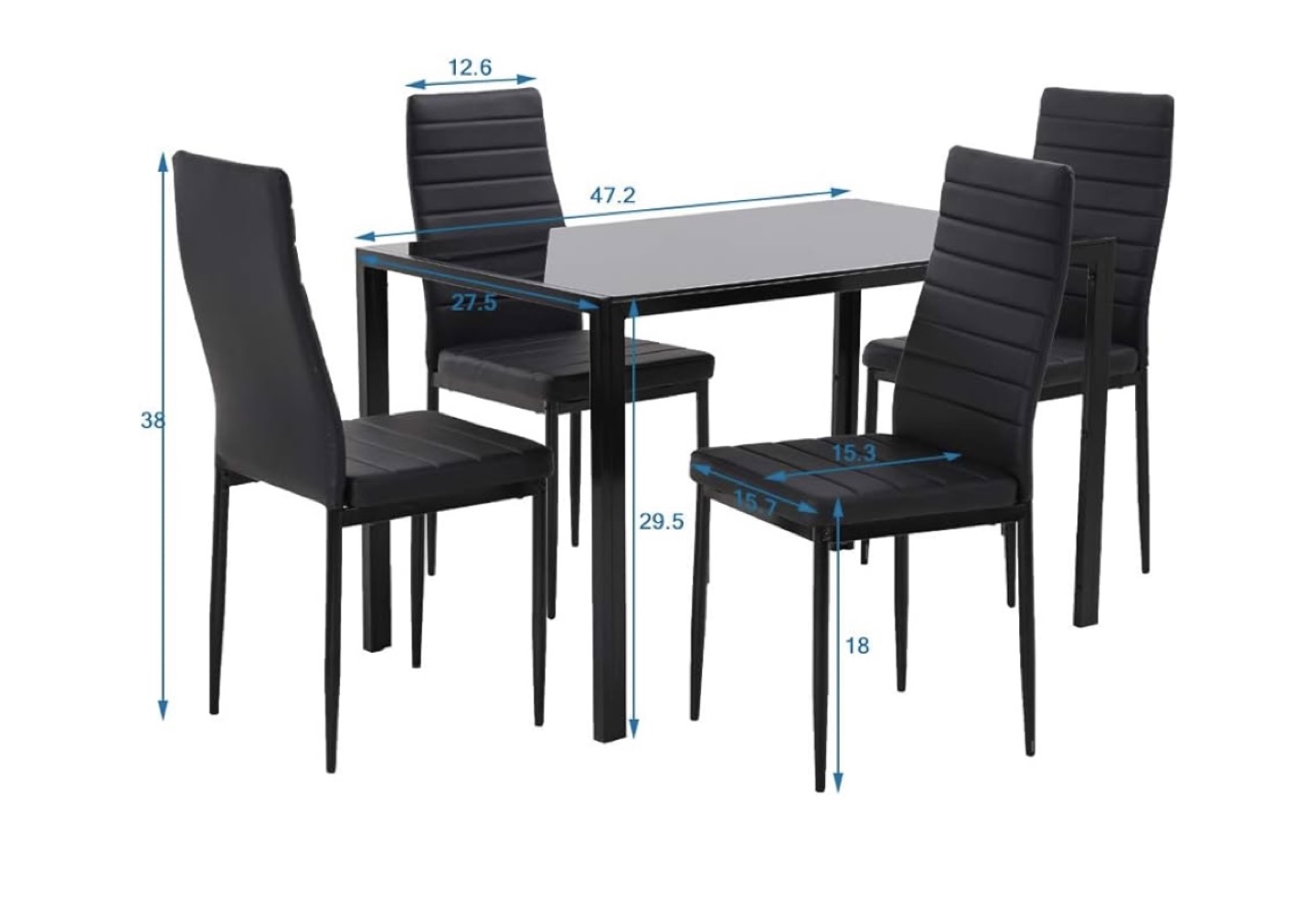 5-Piece Black Dining Set - Glass Top Table & 4 PU Leather Chairs - photo 2