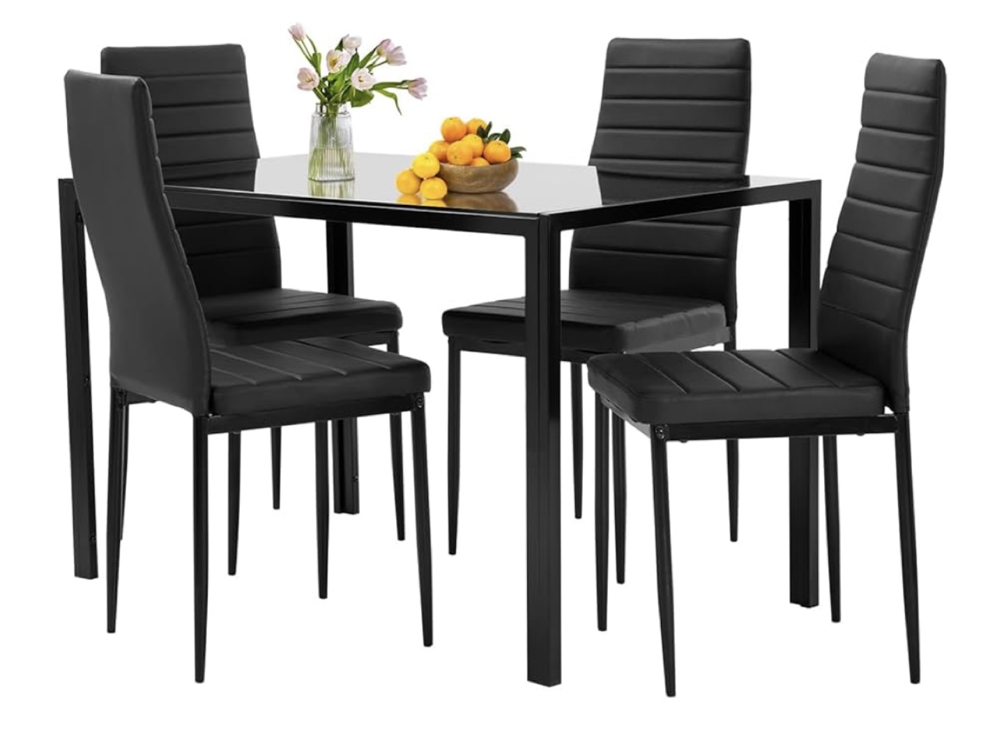 5-Piece Black Dining Set - Glass Top Table & 4 PU Leather Chairs