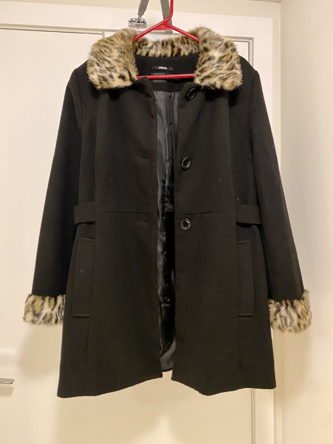 Style & Co Black Jacket with Leopard Print Faux Fur Trim