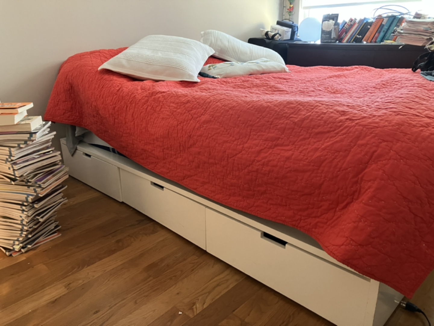 CB2 White Platform Bed Frame with Drawers, queen size