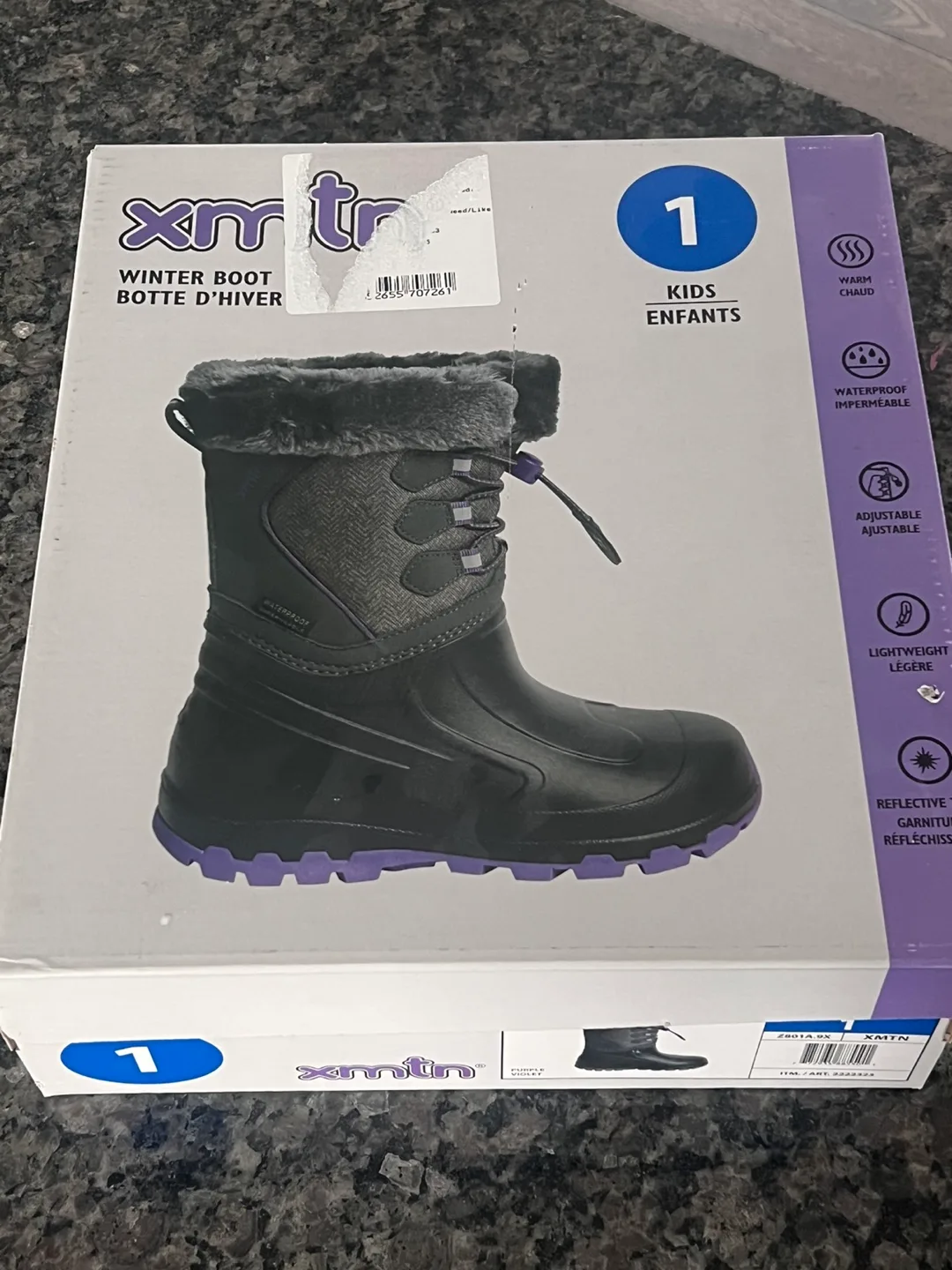 XMTN Kids Winter Boots - Size 1 - Purple & Grey thumbnail