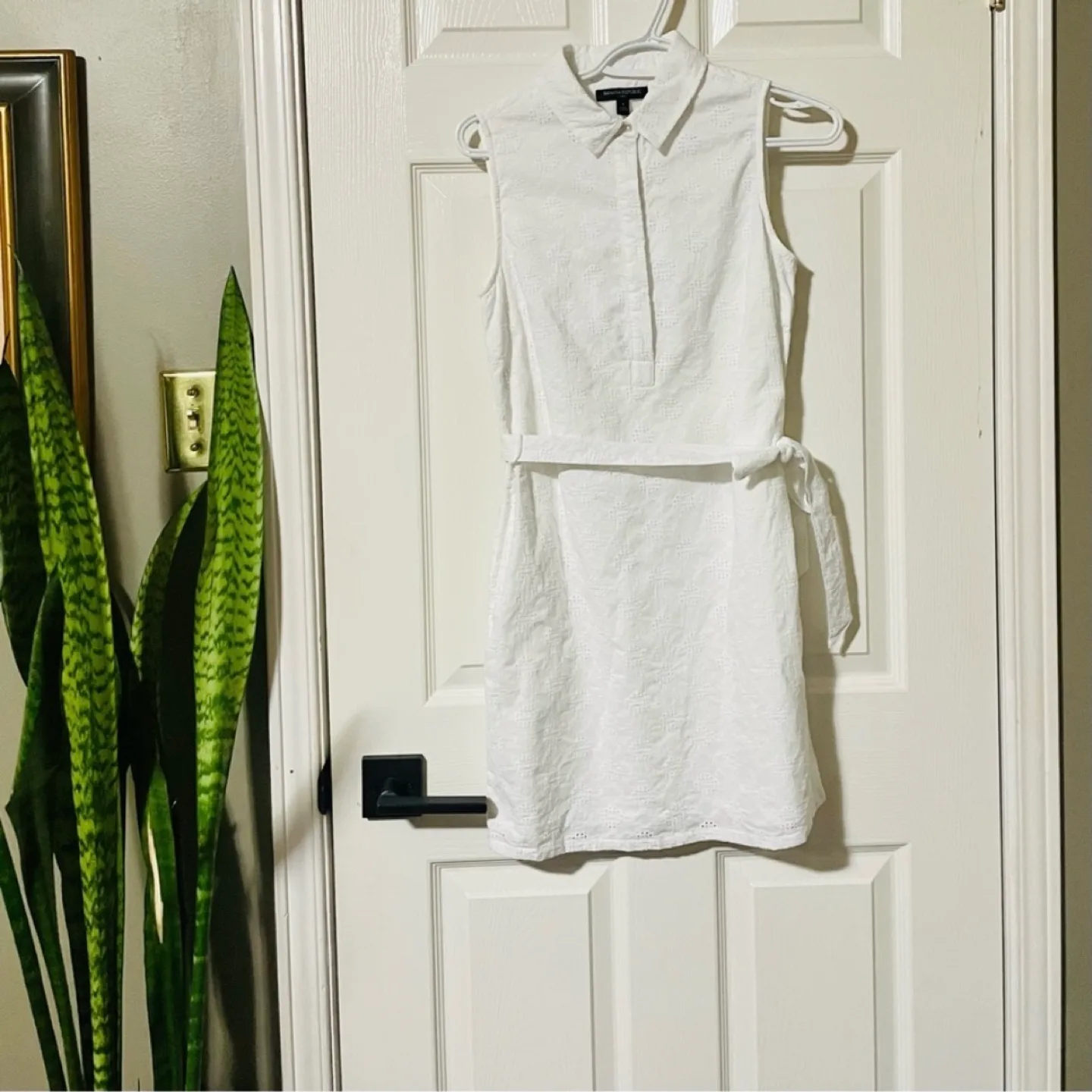 Banana Republic White Fully Lined, Belted Cotton Eyelet Dress image indicator(2)