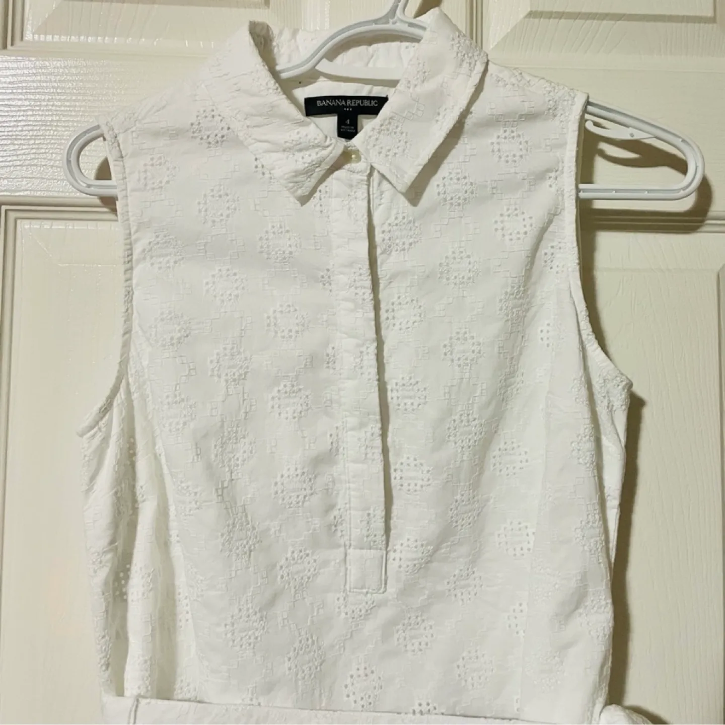 Banana Republic White Fully Lined, Belted Cotton Eyelet Dress image indicator(4)