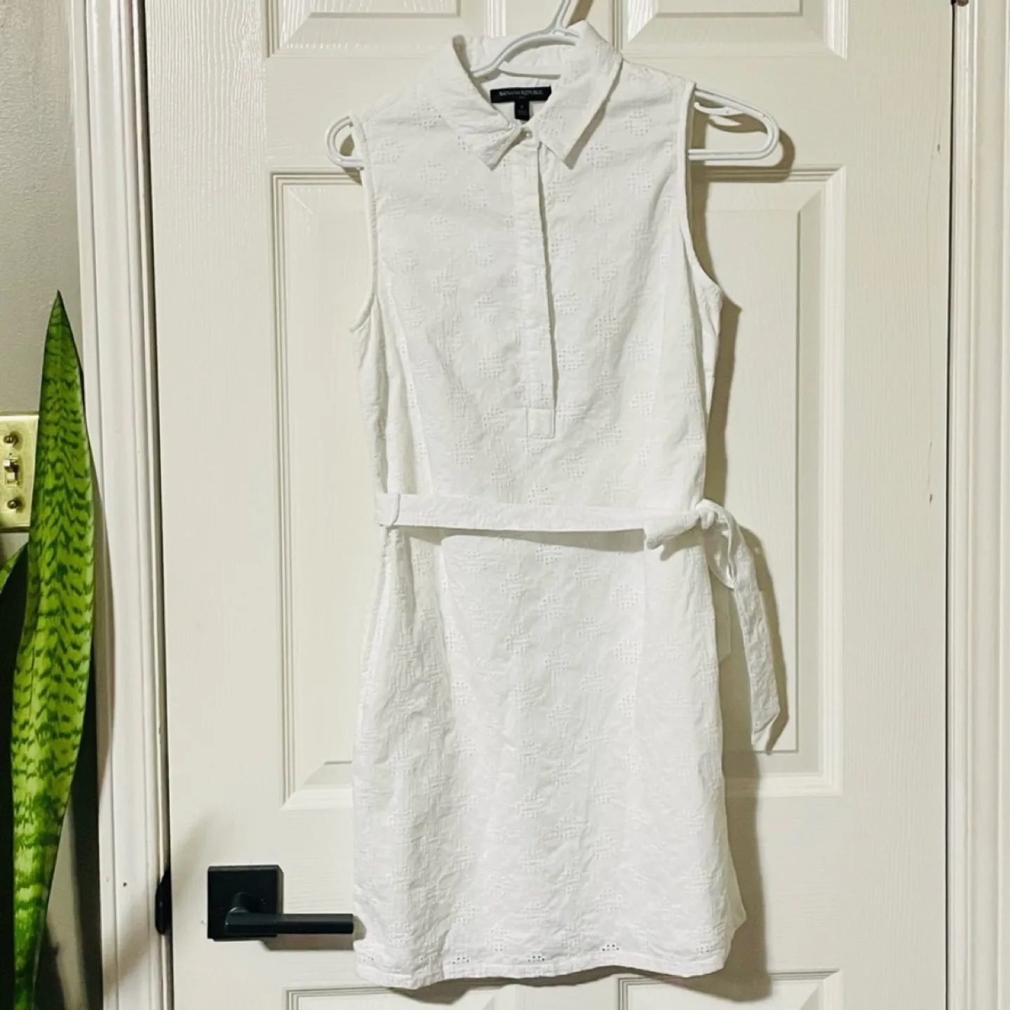 Banana Republic White Fully Lined, Belted Cotton Eyelet Dress image indicator(3)