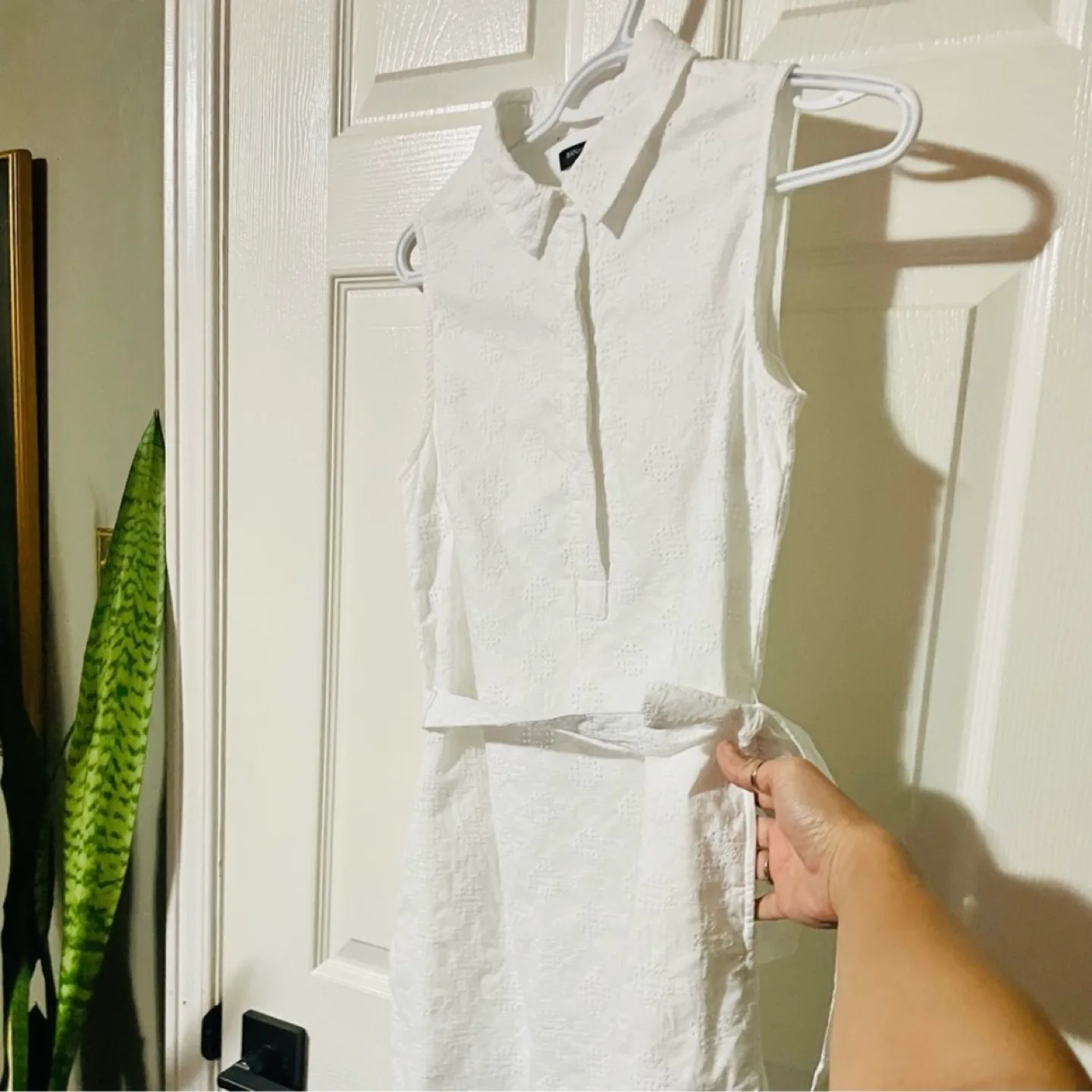 Banana Republic White Fully Lined, Belted Cotton Eyelet Dress image indicator(5)