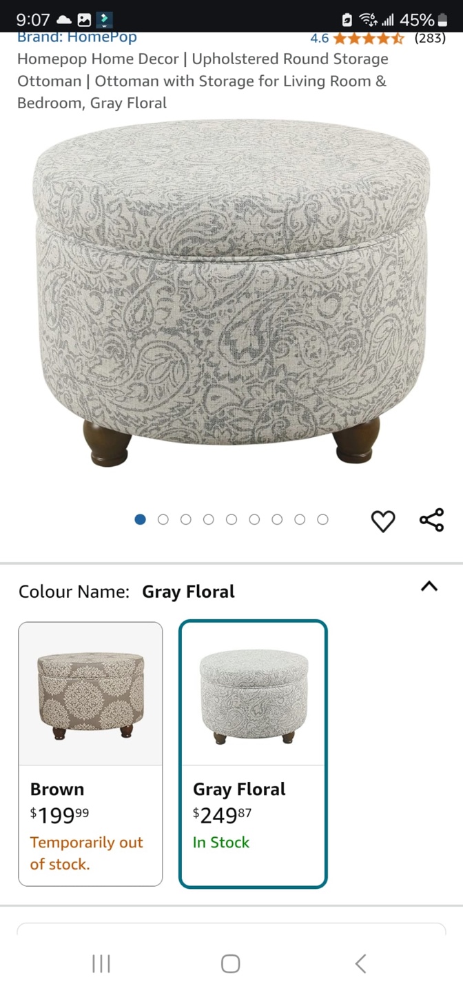 HomePop Round Storage Ottoman, Gray Floral