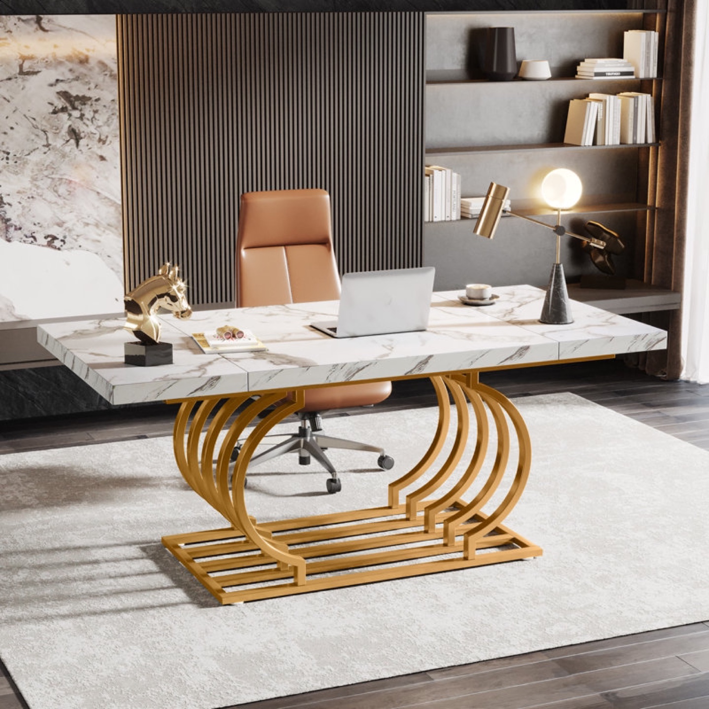 Nirel 63" Executive Desk, Gold - Marble Top & Gold Metal Frame - photo 4