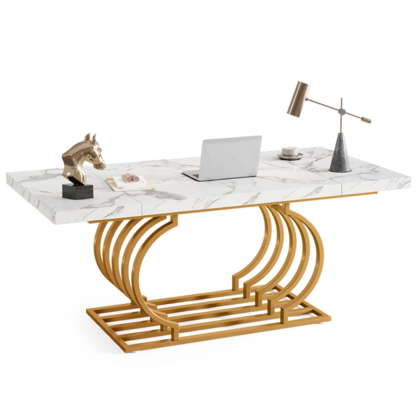 Nirel 63" Executive Desk, Gold - Marble Top & Gold Metal Frame - photo 5
