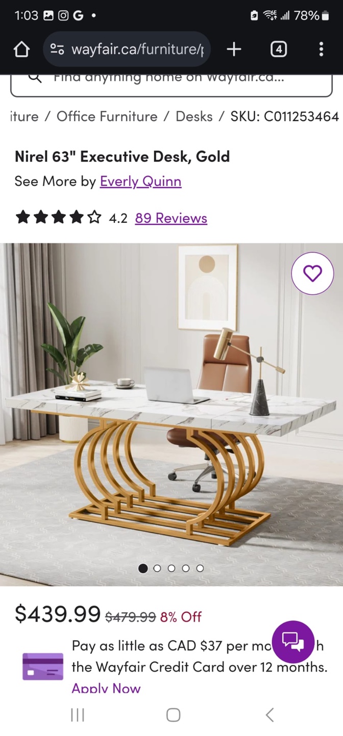 Nirel 63" Executive Desk, Gold - Marble Top & Gold Metal Frame