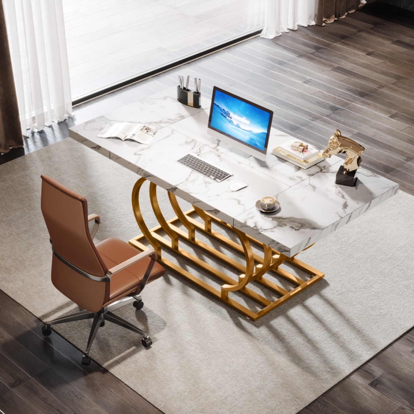 Nirel 63" Executive Desk, Gold - Marble Top & Gold Metal Frame - photo 3