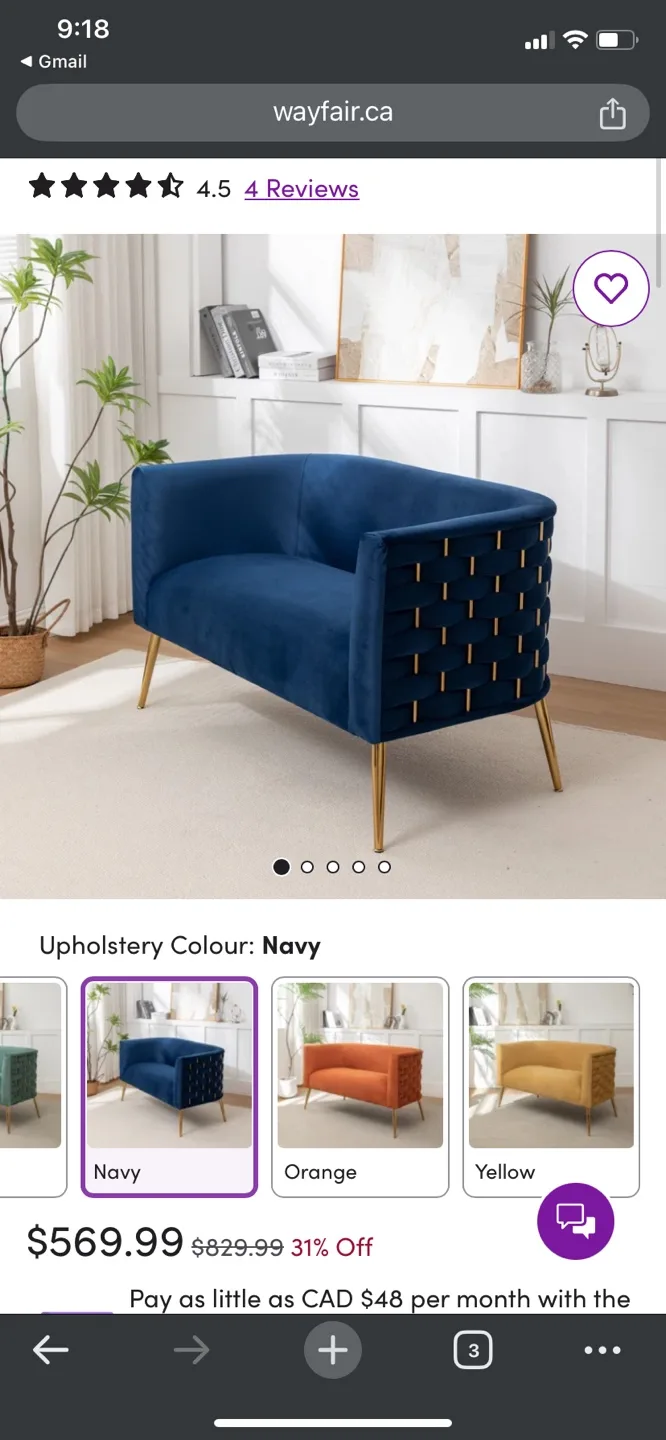Navy Velvet Loveseat with Gold Legs thumbnail
