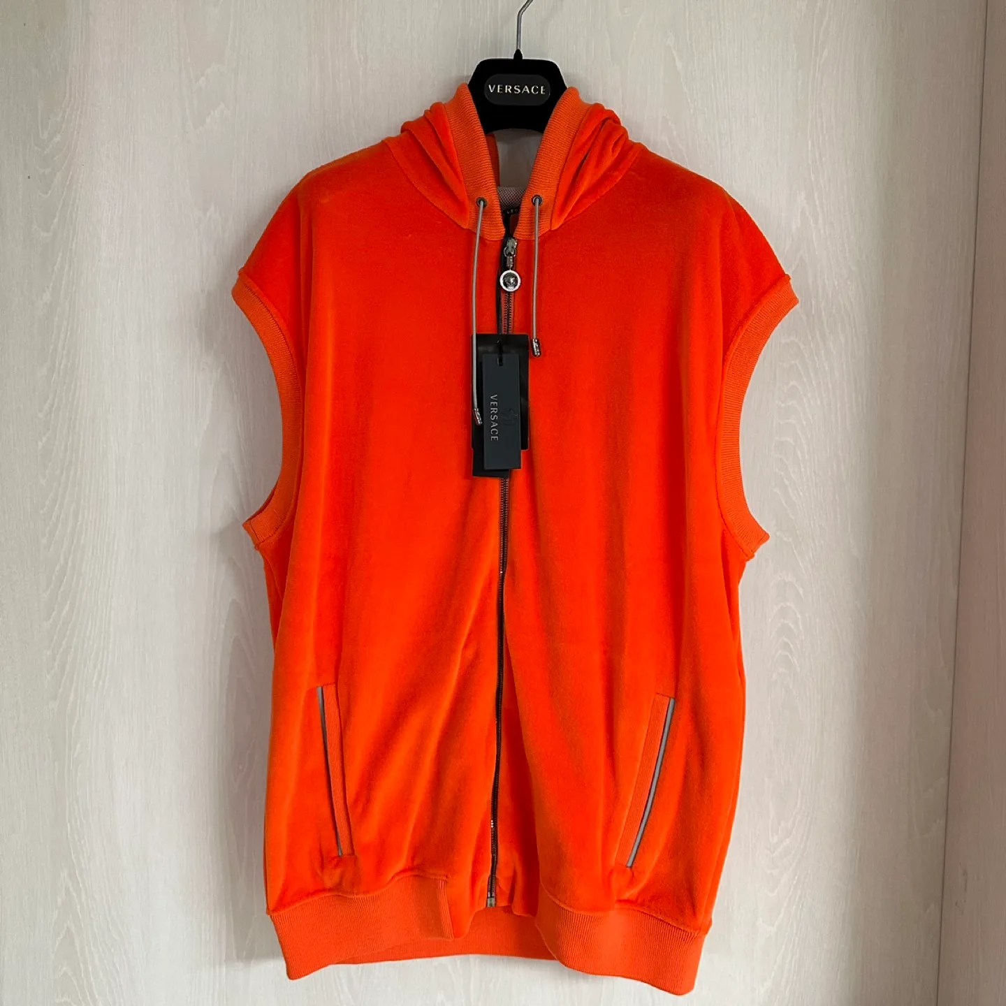[ Men's Versace Orange Sleeveless Hoodie ] image indicator(2)