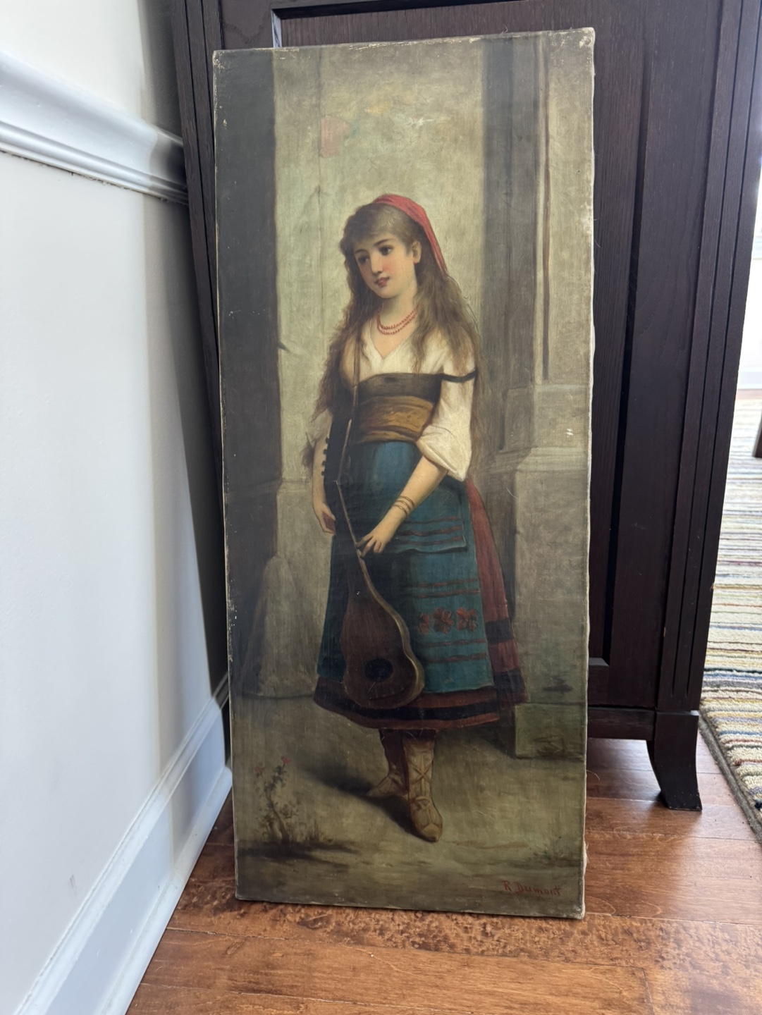 Antique Oil Painting of Girl with Mandolin