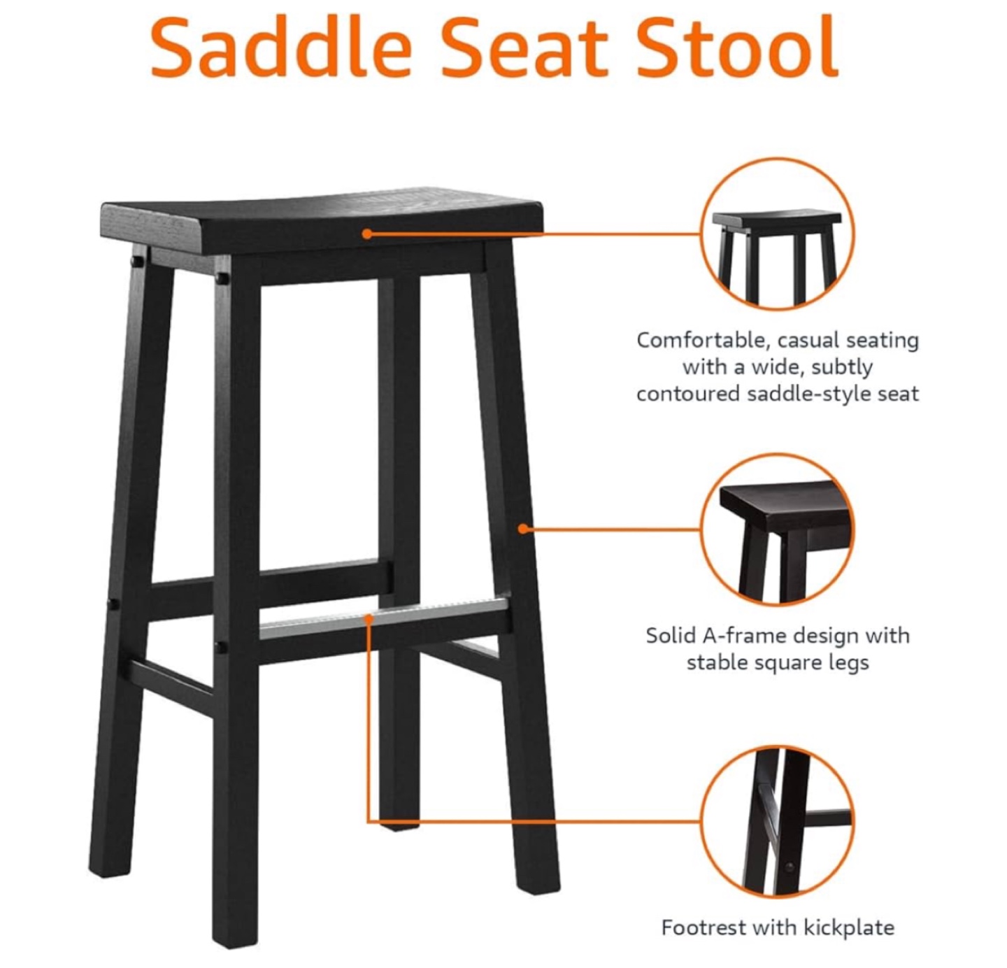 Set of 2 Black Wooden Saddle Seat Bar Stool - photo 4