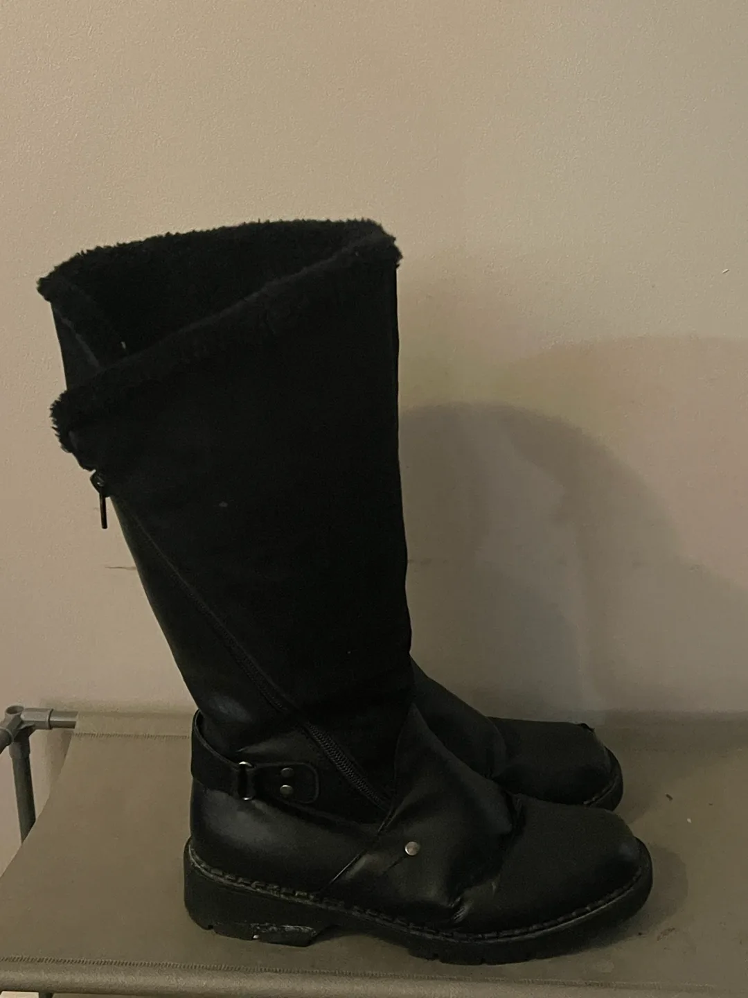 Black Faux Leather Knee-High Boots with Fur thumbnail