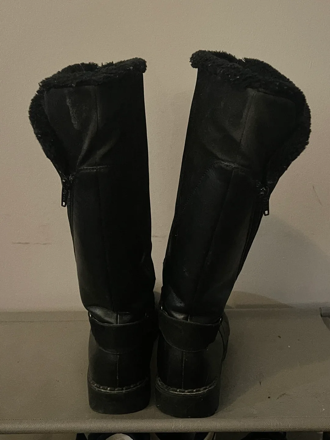 Black Faux Leather Knee-High Boots with Fur image indicator(3)