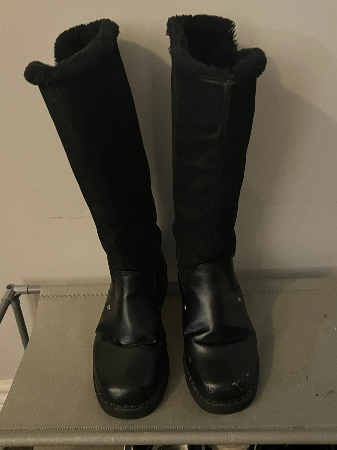 Black Faux Leather Knee-High Boots with Fur image indicator(2)