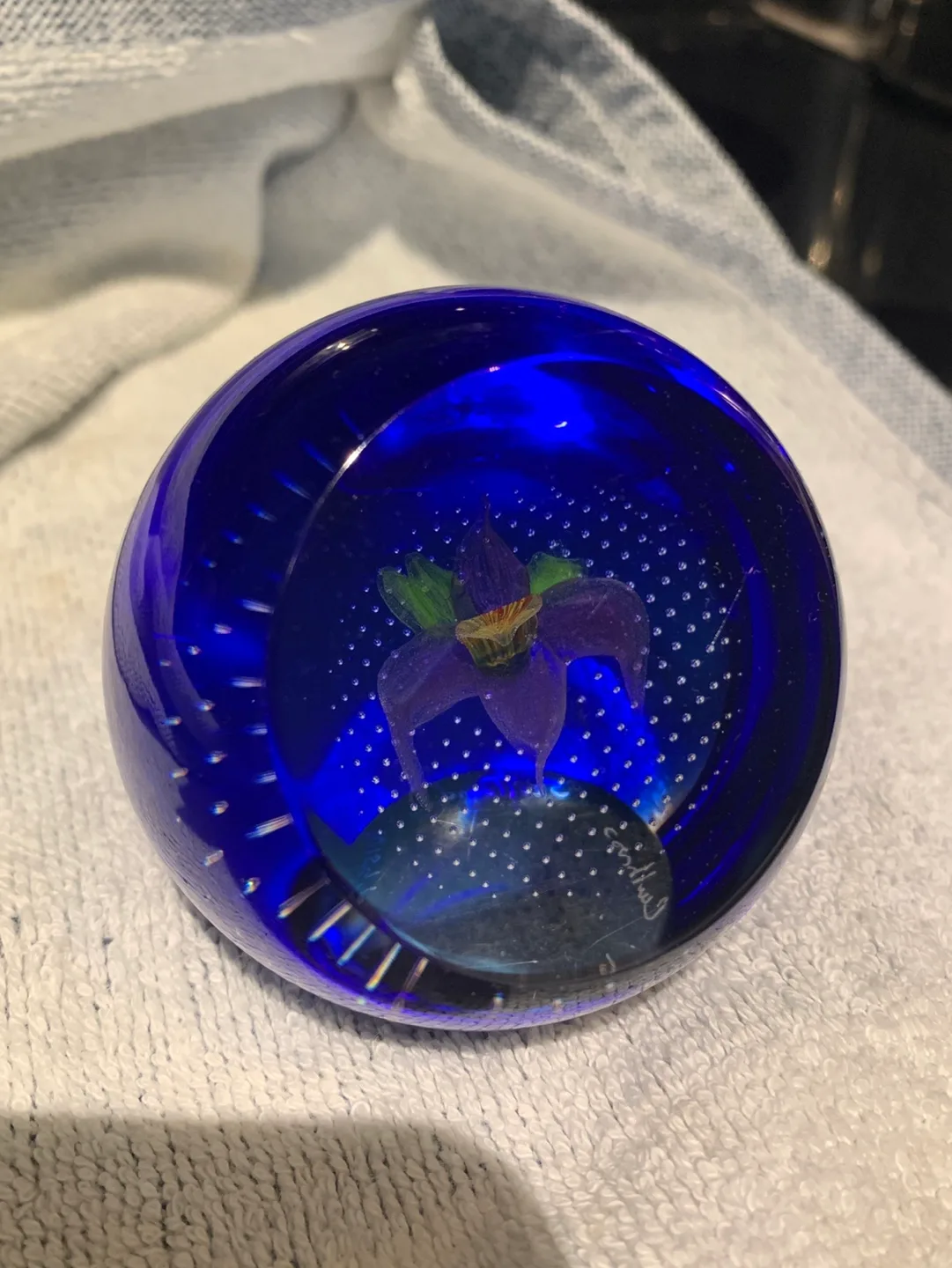 Caithness Cobalt Blue Glass Paperweight with Flower thumbnail
